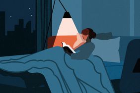 An illustration of a woman sitting up in bed at night, reading under a lamp