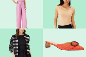 Collage of four Ann Taylor fashions we recommend on different green backgrounds