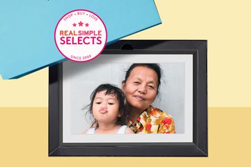 One of the best digital picture frames on a two-tone yellow background. 