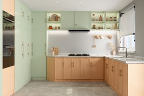 Modern kitchen with green pastel colored cabinets