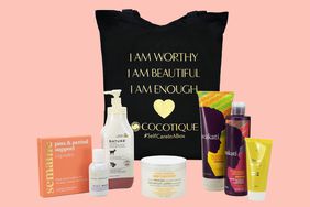 Collage of the Cocotique Beauty & Self-Care Subscription Box on pink background