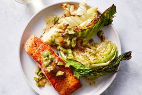 One-Pan Salmon With Roasted Cabbage and Olive Vinaigrette