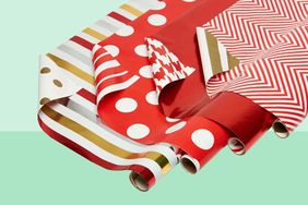 four reversible holiday wrapping papers in red, white gold, and silver