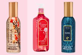 Collage of three Bath & Body Works' Fall items we recommend on a pink background