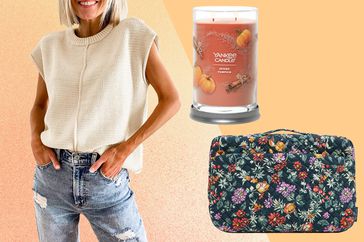 Collage of three editor fall favorite items, a knit top, candle and laptop bag, on a orange background