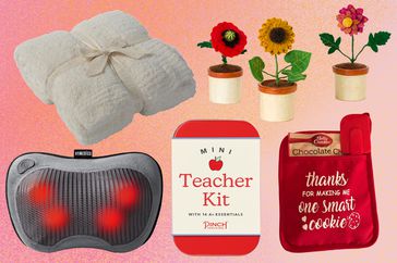 Collage of several gifts for teachers we recommend on a pink background