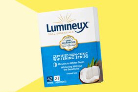 Oral Essentials Lumineux Teeth Whitening Strips 21 Treatments Certified Non-Toxic collaged on a yellow background