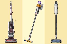 a collage of one Dyson and two Shark vacuums on a yellow background