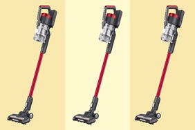 Collage of the Eureka Rechargeable Handheld Portable vacuum shown three times over a yellow background