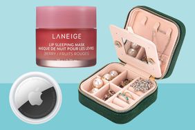 Three stocking stuffers, an Apple Airtag, jewelry box and Laneige lip mask, onf a two toned blue background. 