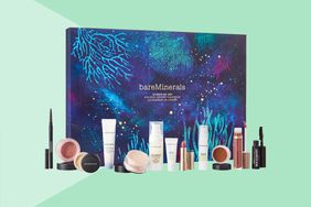 One of the best beauty advent calendars, the bareMinerals collection, on a green background