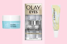 collage of drugstore eye creams we recommend on a pink background