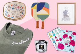 six different gifts for grandmothers on a pink background