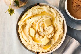 overhead view of mashed potatoes and gravy