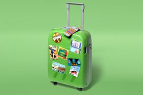 suitcase on green with travel stickers