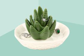 One of the Best Gifts for Plant Lovers, a succulent ceramic ring holder, on a green background.