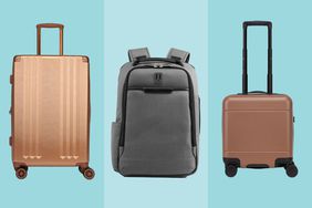 The Best Luggage we recommend on a colorful background