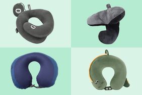 Collage of four travel pillows we recommend on different green backgrounds