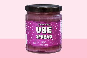 Trader Joe's Ube spread jar on a pink background