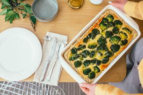 A casserole dish filled with food on a table