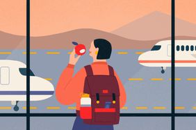 A colorful illustration of a person standing in an airport looking at planes outside, eating a red apple