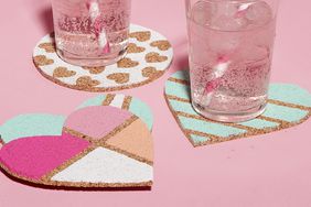 4 DIY Valentine's crafts coasters in heart and circle shapes with pastel colors and glitter, two of them with clear cups on top