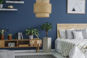 Side view of a blue bedroom interior with a modern lamp, double bed, plants and cabinet