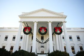 Decorations are seen on the White House during the media preview for the 2023 Holidays at the White House in Washington, DC.