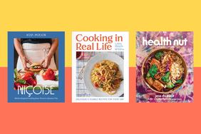 Three cookbook covers on a colorful background